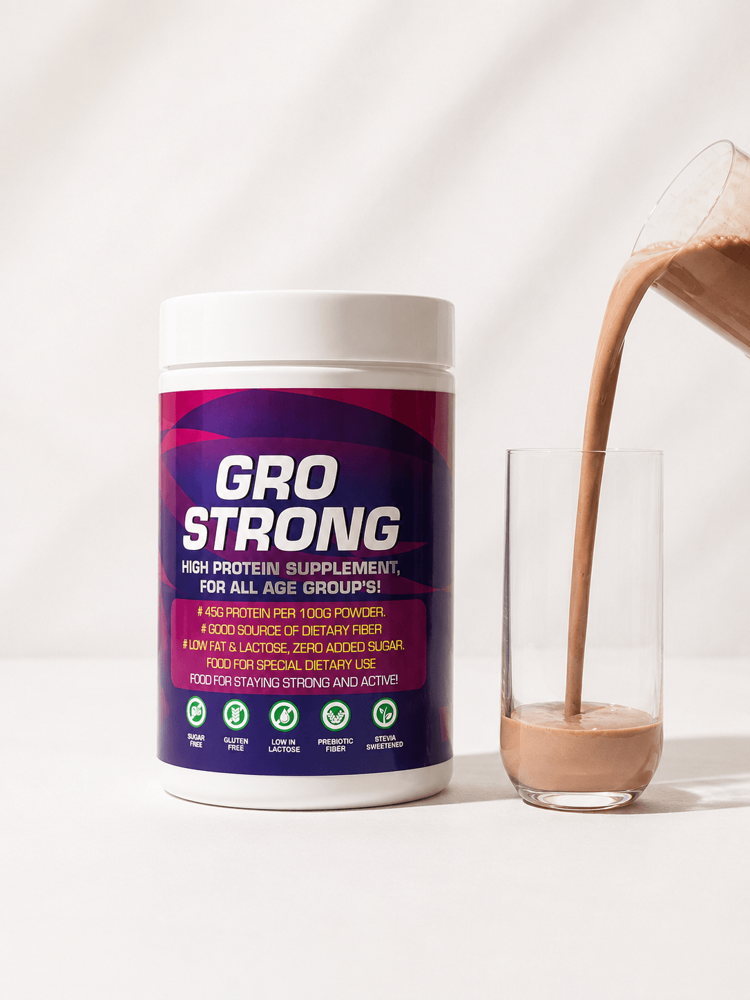 Gro Strong Multi-Age Protein Supplement with Prebiotic Fiber & Vitamins (500g)