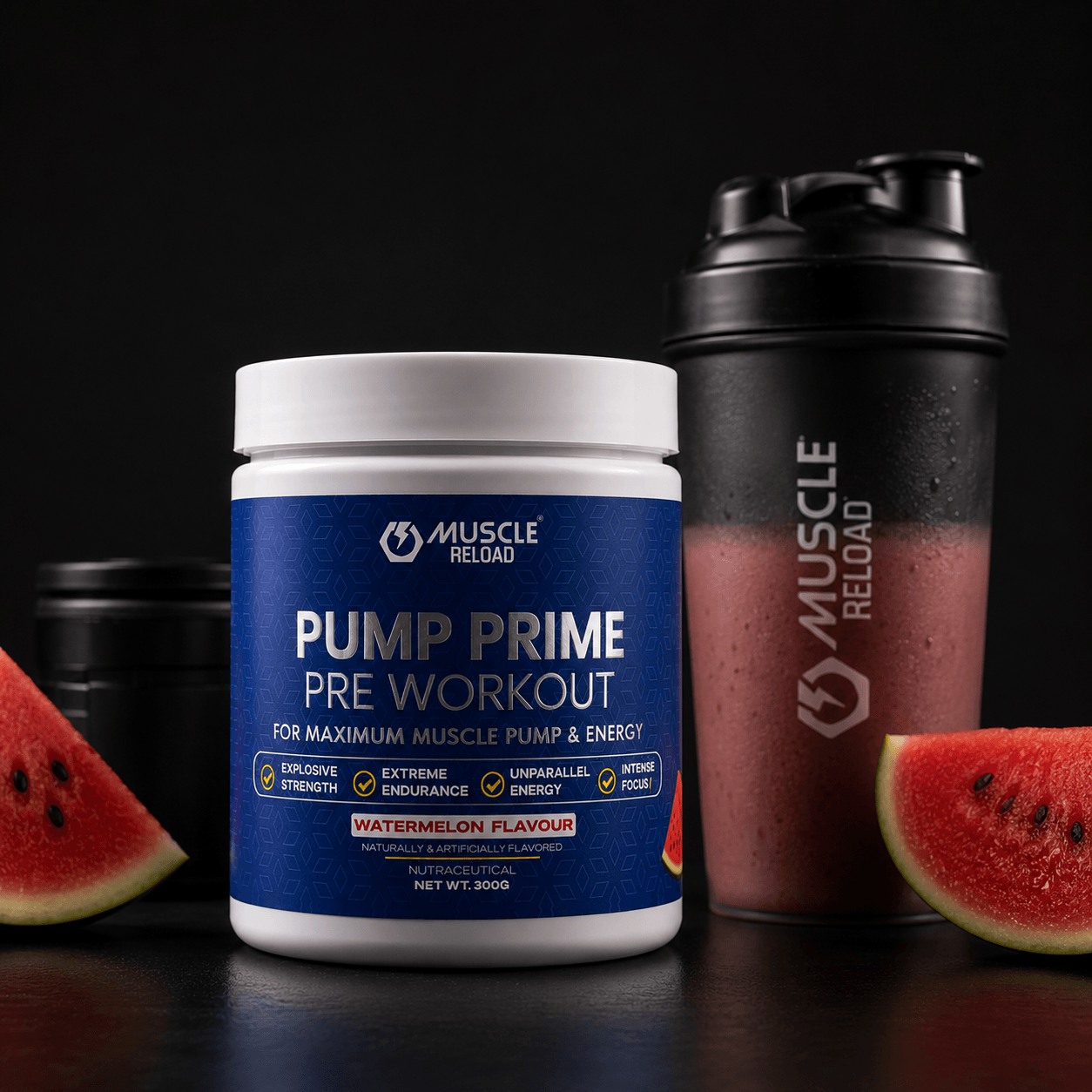Muscle Reload Pump Prime Pre Workout Watermelon Flavour, advanced pre-workout supplement for energy, endurance, focus and muscle pump, 300g jar