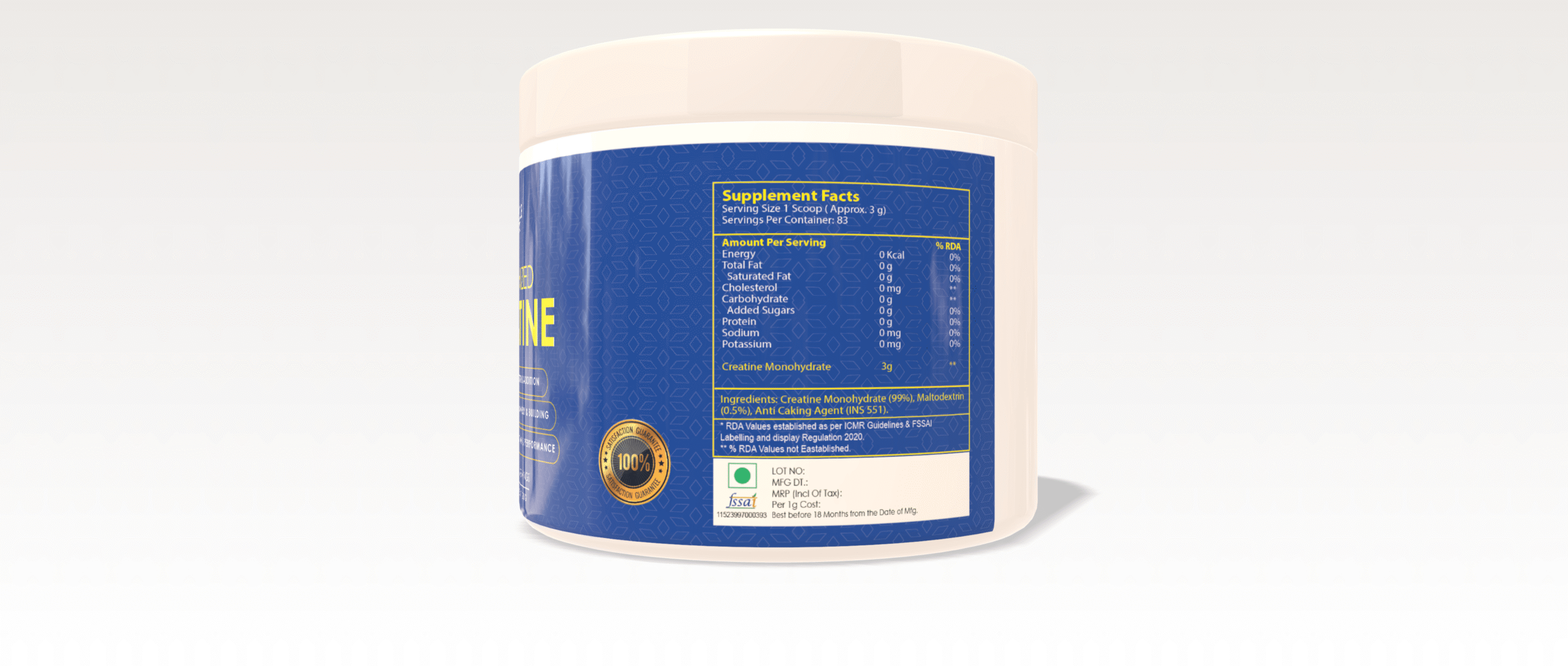 Supplement Facts printed on Muscle Reload Micronized Creatine Monohydrate Unflavoured